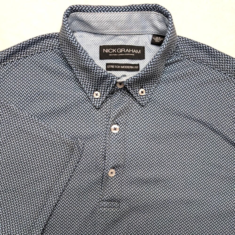 Nick Graham Everywhere‎ Stretch Modern Fit Mens Polo Shirt Medium Blue Pattern